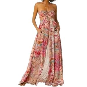 Misa Los Angeles Lorenzo Halter Jumpsuit Tile Print L NWT